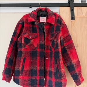 Levi's Red and Dark Navy Quilted Faux Fur Jacket